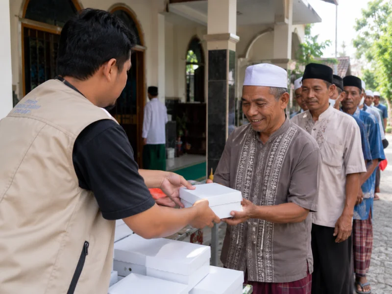 Relawan Mutayam Foundation menyerahkan nasi kotak Jumat Berkah kepada jamaah di teras masjid
