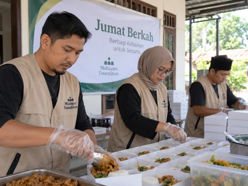 Tim relawan Mutayam Foundation mengemas nasi kotak sebelum penyaluran Jumat Berkah
