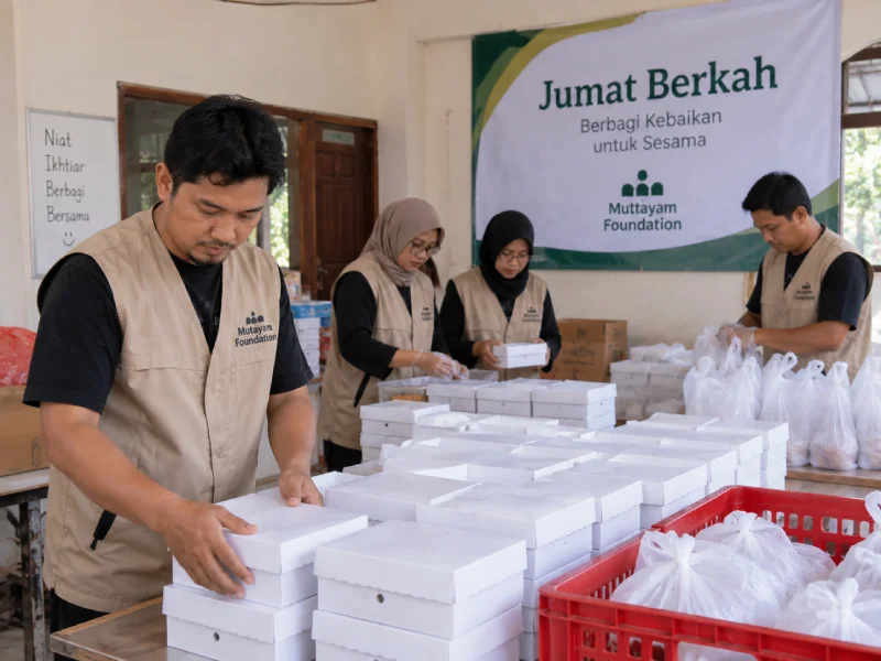 Relawan Mutayam Foundation menyusun dan menghitung kotak makanan di sekretariat sebelum penyaluran Jumat Berkah