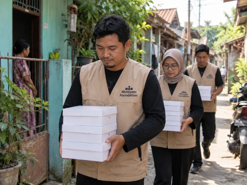 Dua relawan Mutayam Foundation membawa paket Jumat Berkah menyusuri gang permukiman di Cibitung, Bekasi