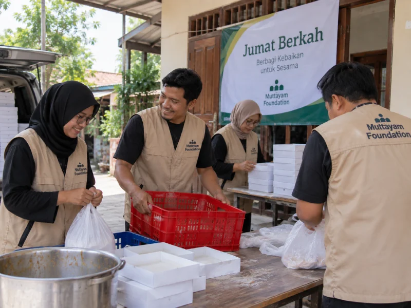 Relawan Mutayam Foundation merapikan peralatan di lokasi setelah penyaluran Jumat Berkah selesai